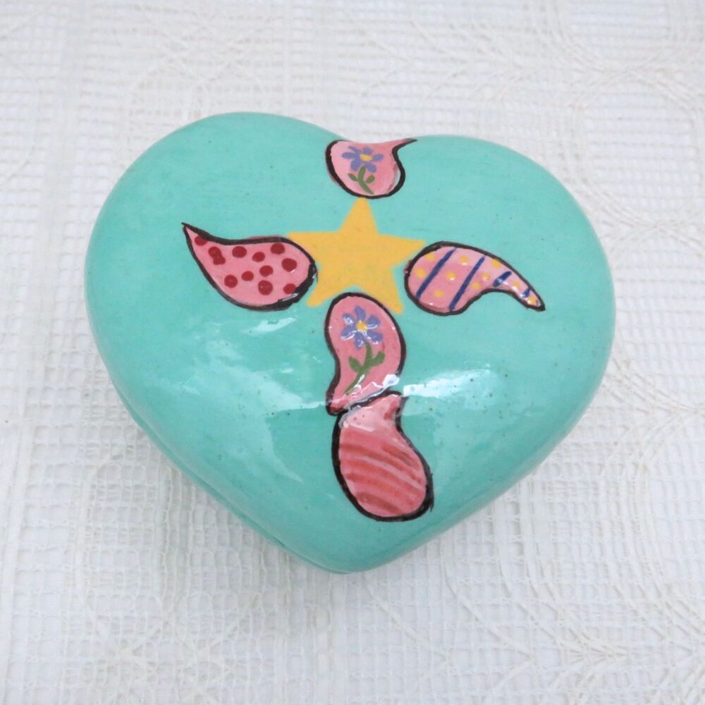 Handmade Ceramic Trinket Dish, Heart Shaped Aqua with Paisley Cross Prayer Box